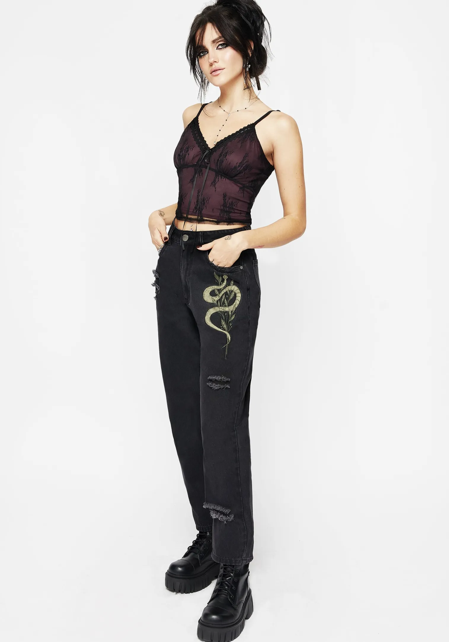 Nirah Embroidered Distressed Mom Jeans