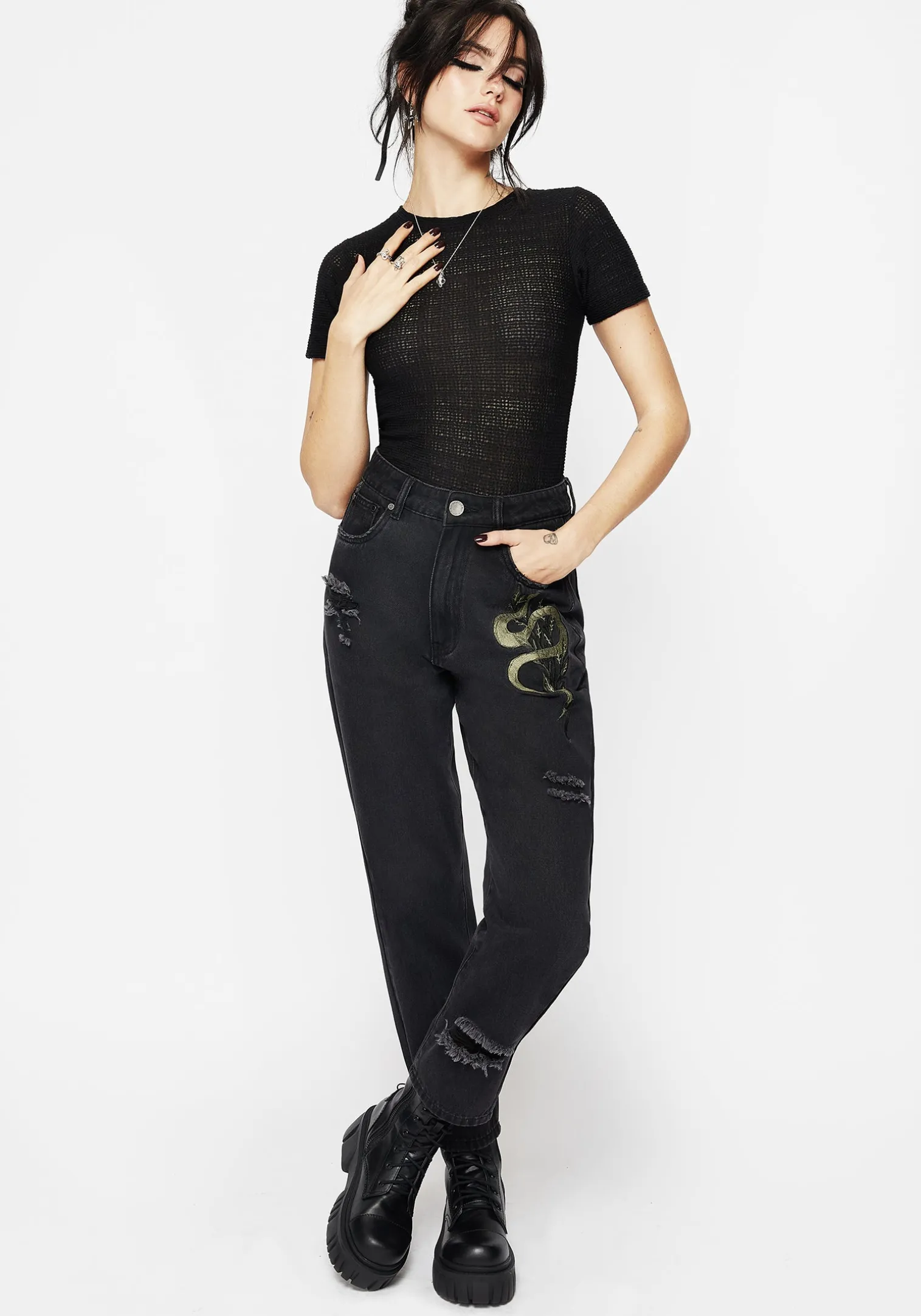 Nirah Embroidered Distressed Mom Jeans