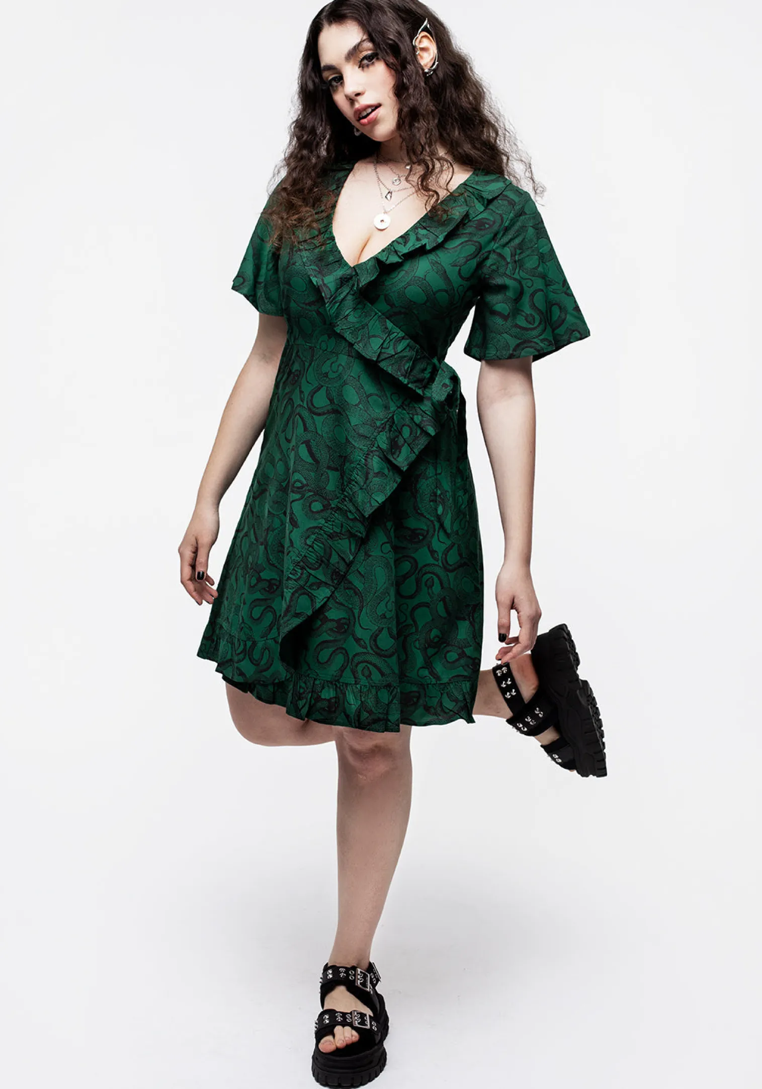 Ophidia Snake Print Ruffle Mini Dress - Green
