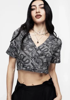 Ophidia Snakes Print Button Down Crop Top - Grey