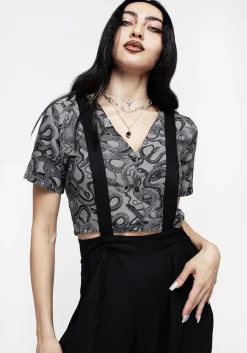 Ophidia Snakes Print Button Down Crop Top - Grey