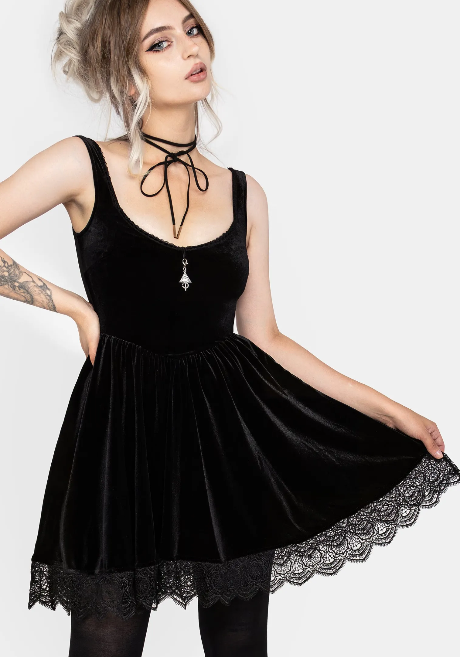 Orbweb Lace Hem Velour Mini Dress