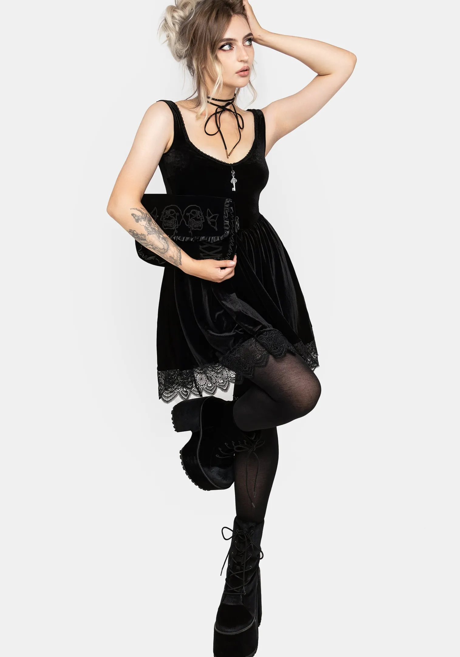 Orbweb Lace Hem Velour Mini Dress