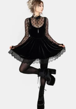 Orbweb Lace Hem Velour Mini Dress