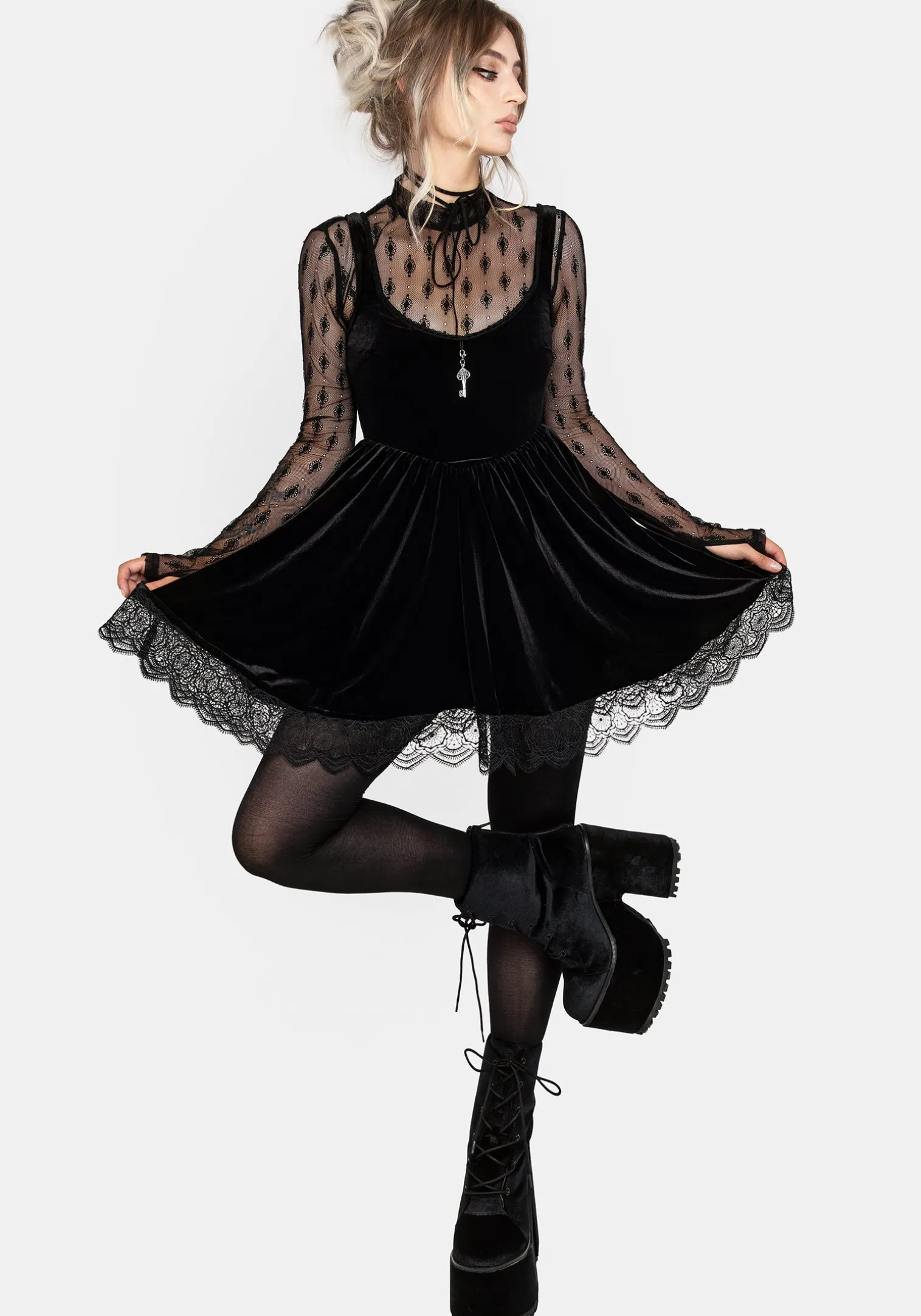 Orbweb Lace Hem Velour Mini Dress