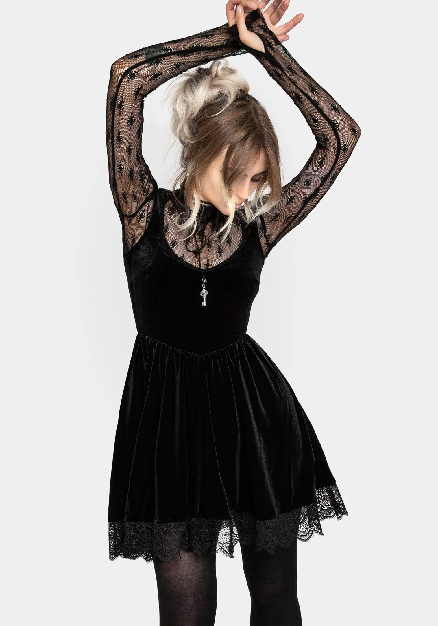 Orbweb Lace Hem Velour Mini Dress