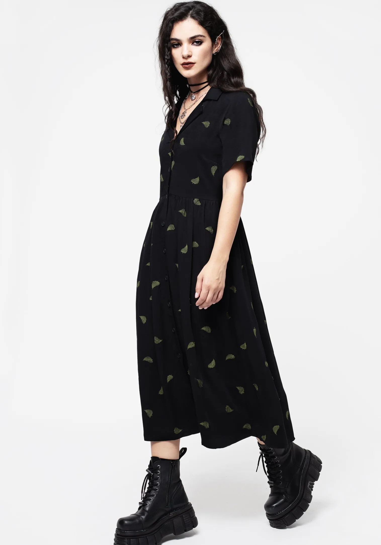 Osmunda Fern Embroidered Midi Shirt Dress