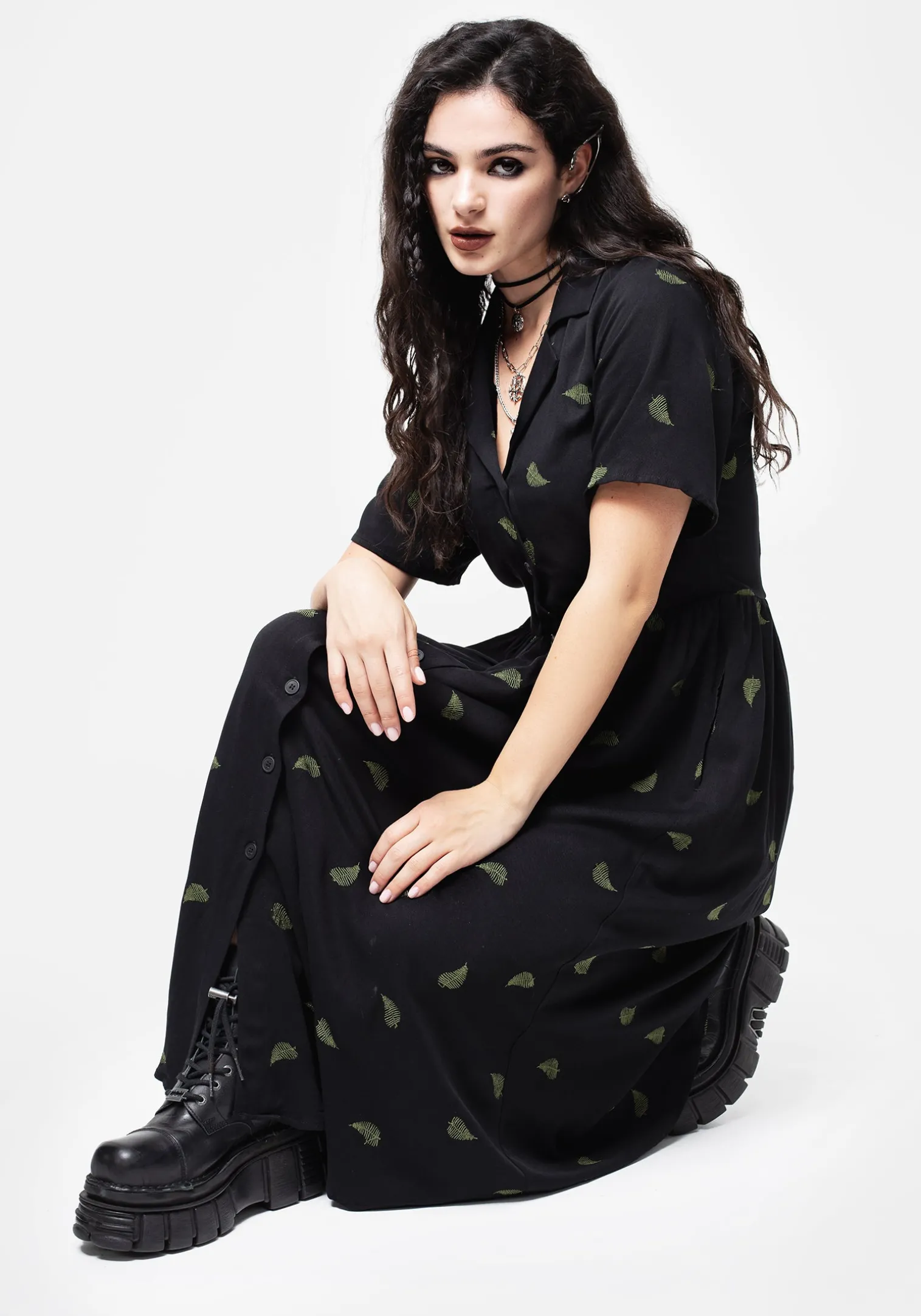 Osmunda Fern Embroidered Midi Shirt Dress