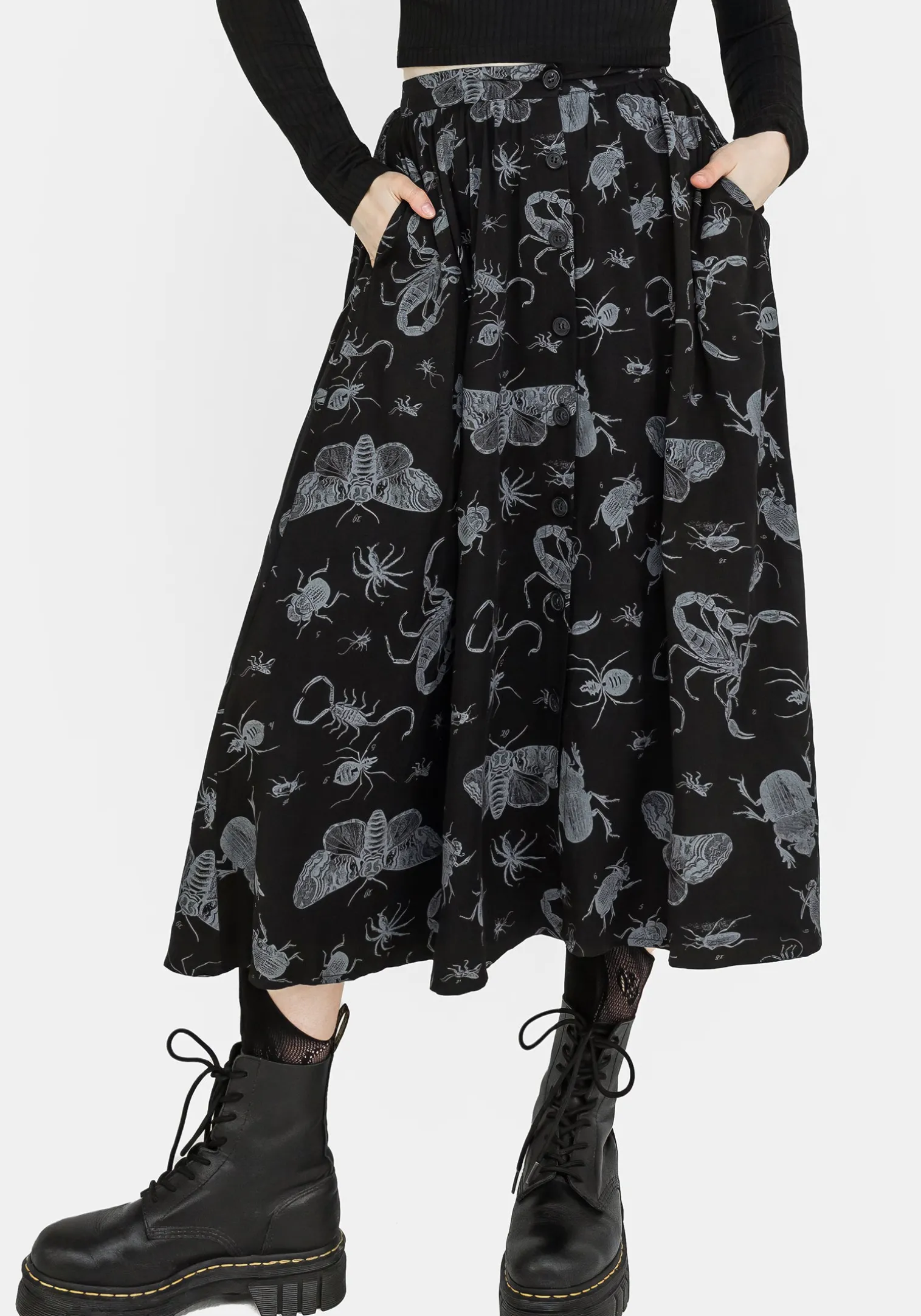 Parasite Bugs Button Front Midi Skirt - Black