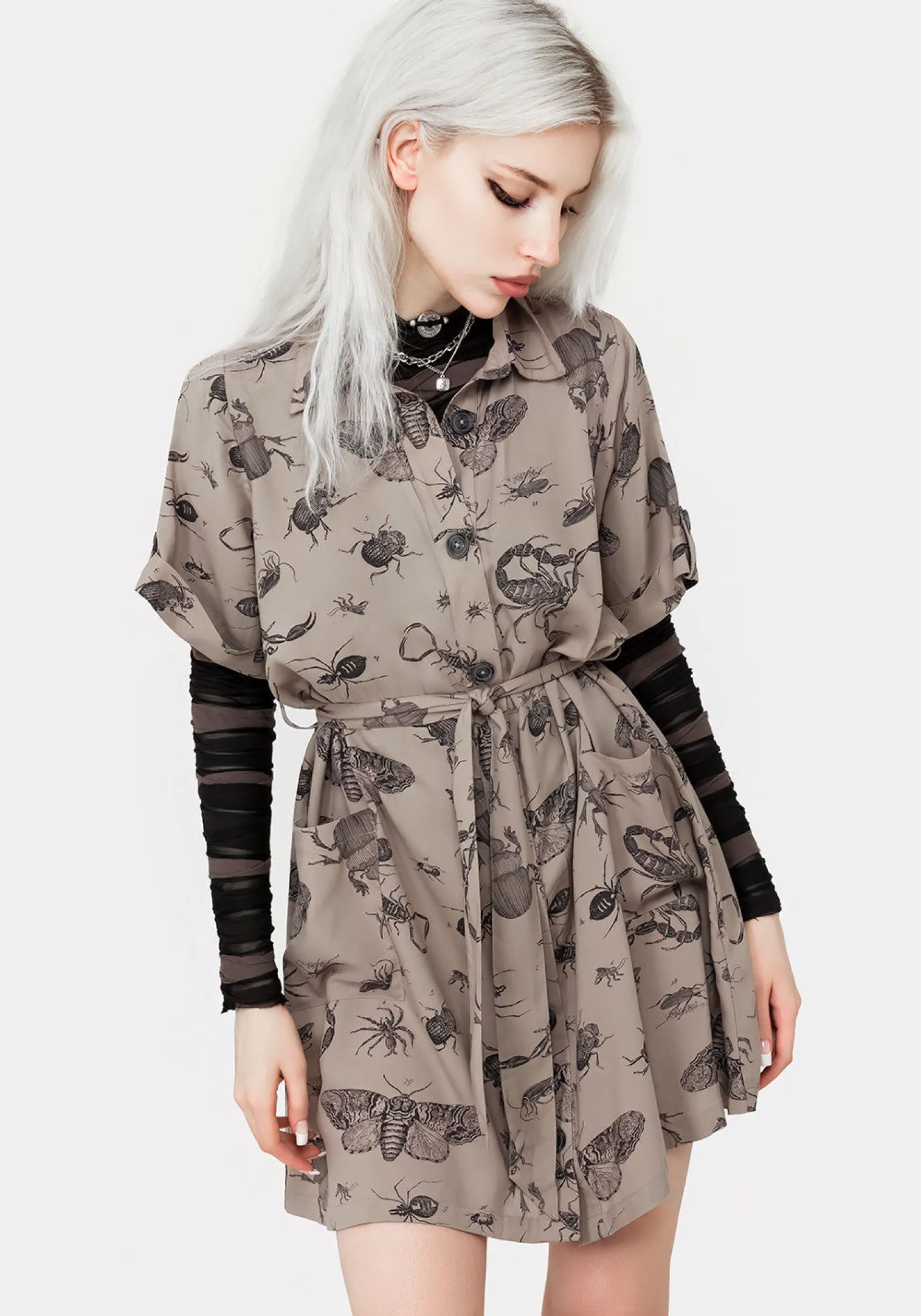 Parasite Bugs Print Mini Short Sleeve Shirt Dress - Taupe