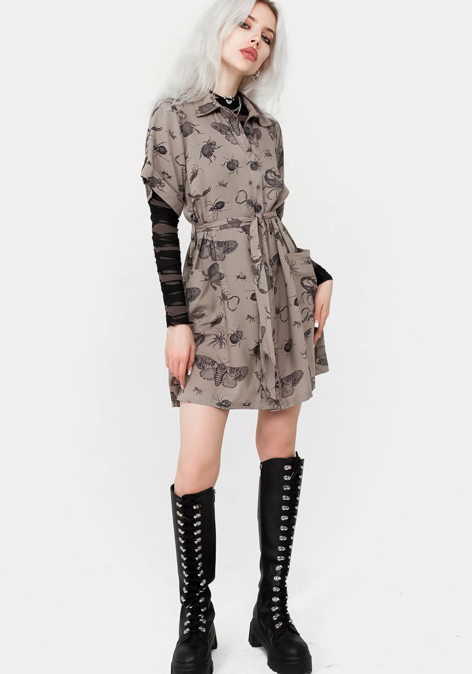 Parasite Bugs Print Mini Short Sleeve Shirt Dress - Taupe