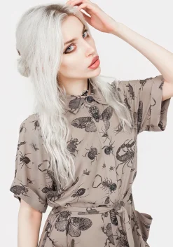 Parasite Bugs Print Mini Short Sleeve Shirt Dress - Taupe
