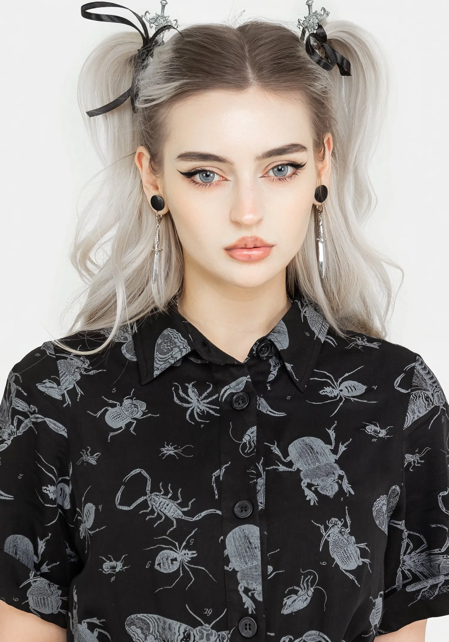 Parasite Bugs Short Sleeve Midi Shirt Dress - Black