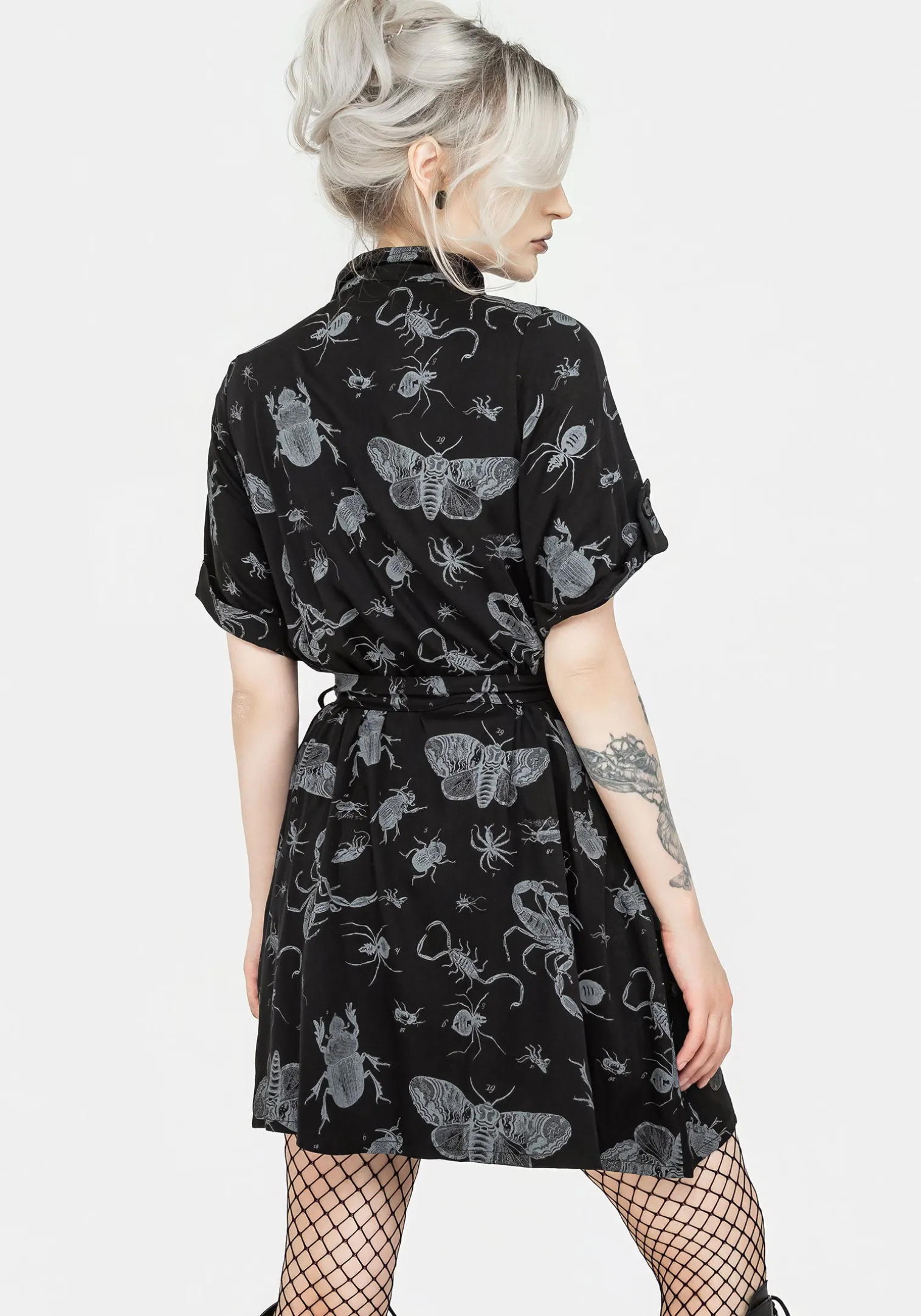 Parasite Bugs Short Sleeve Mini Shirt Dress - Black