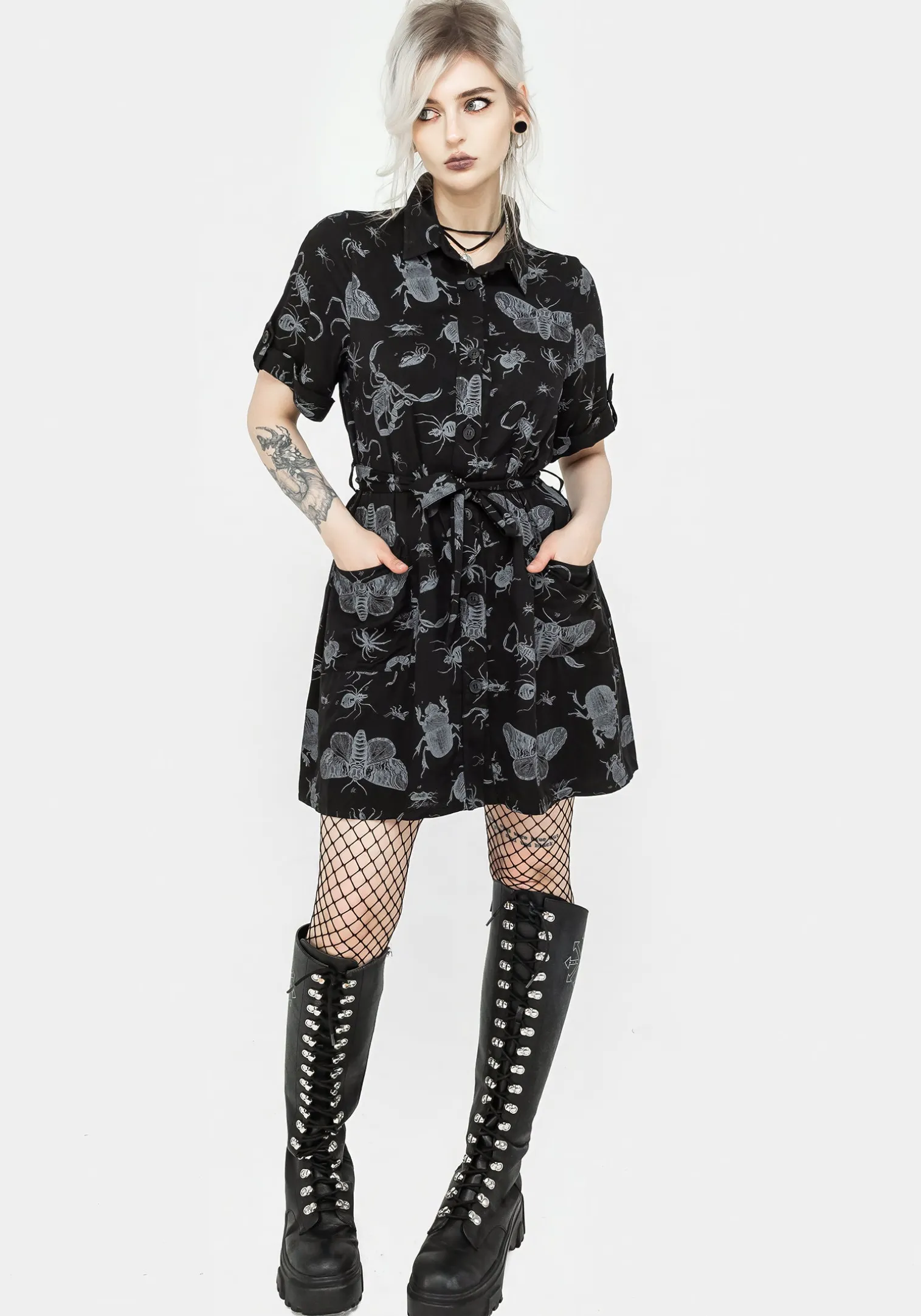 Parasite Bugs Short Sleeve Mini Shirt Dress - Black