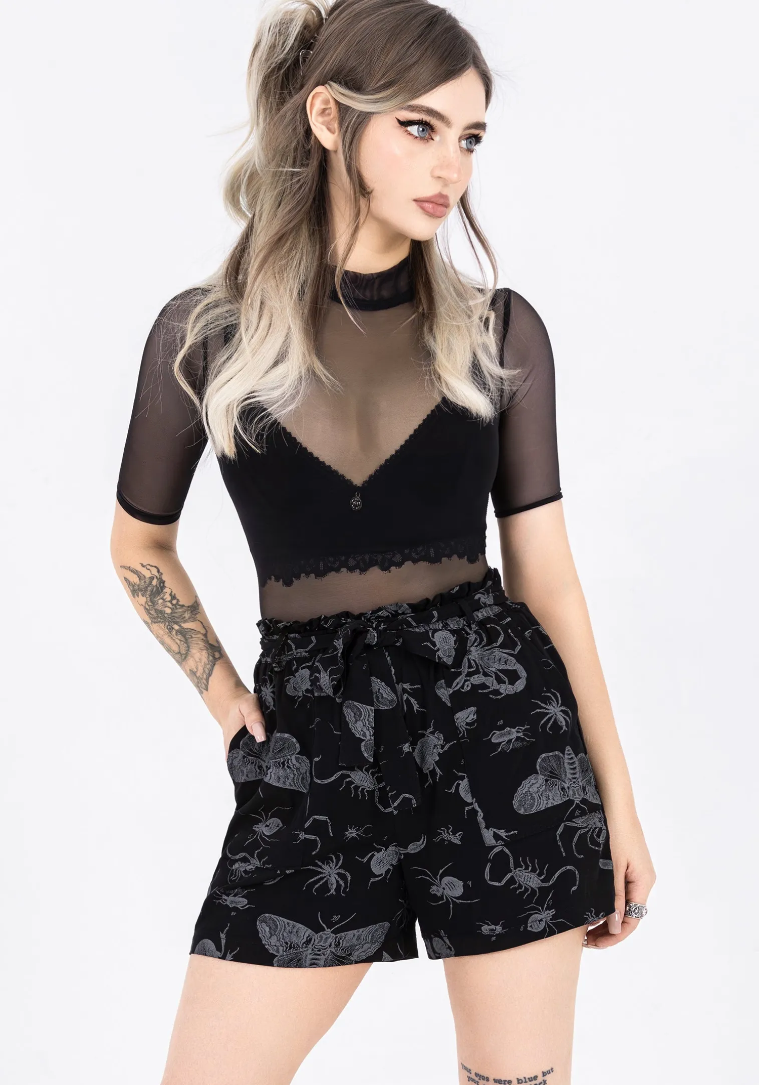 Parasite Bugs Tie Waist Paperbag Shorts - Black