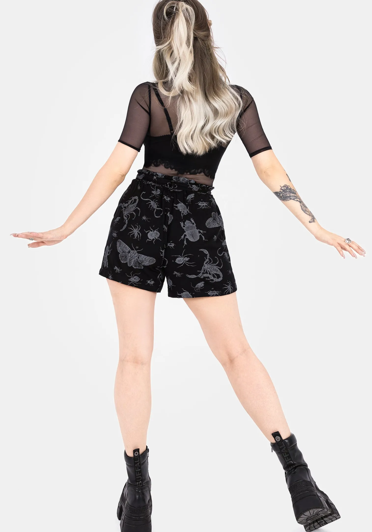 Parasite Bugs Tie Waist Paperbag Shorts - Black