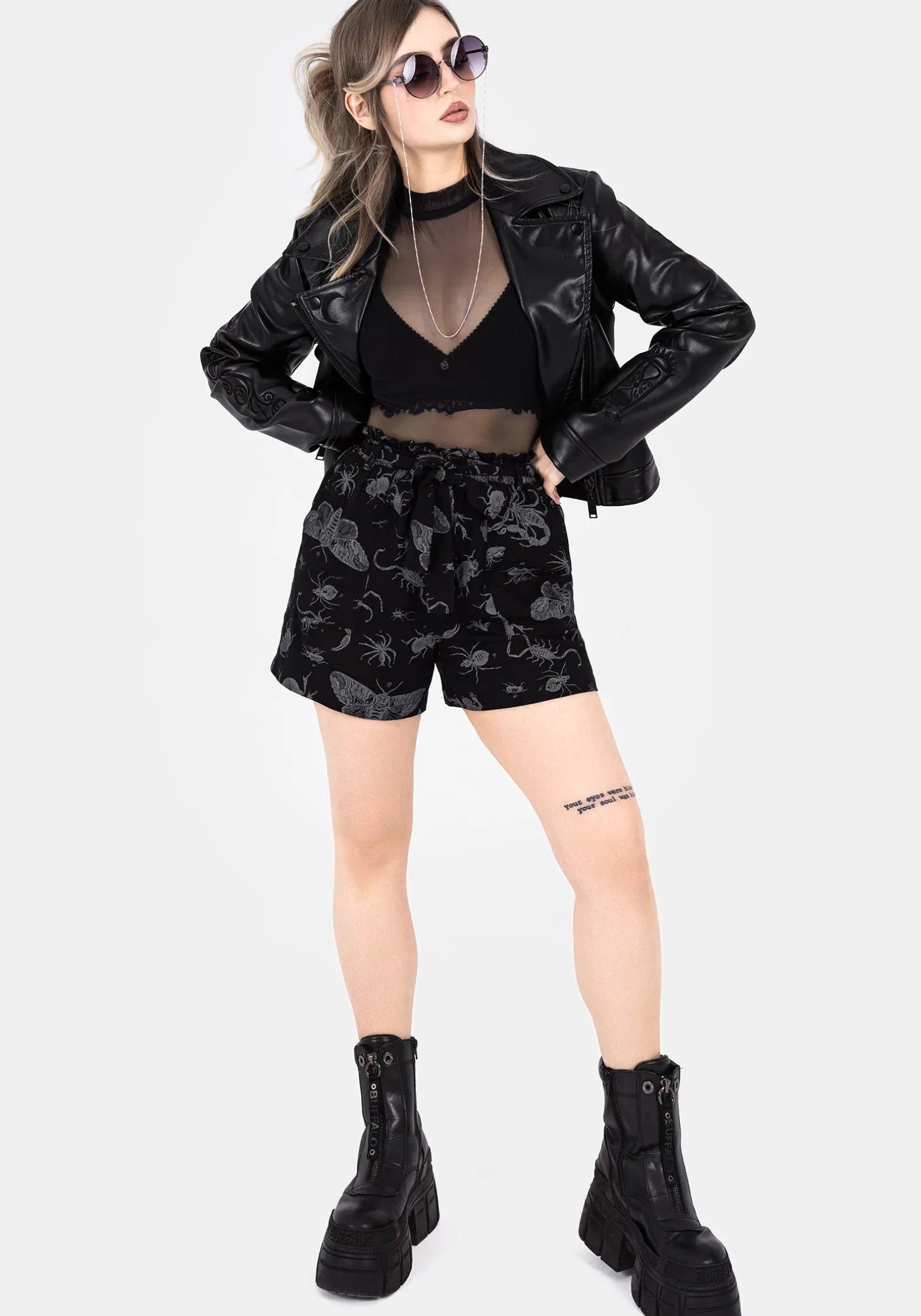 Parasite Bugs Tie Waist Paperbag Shorts - Black