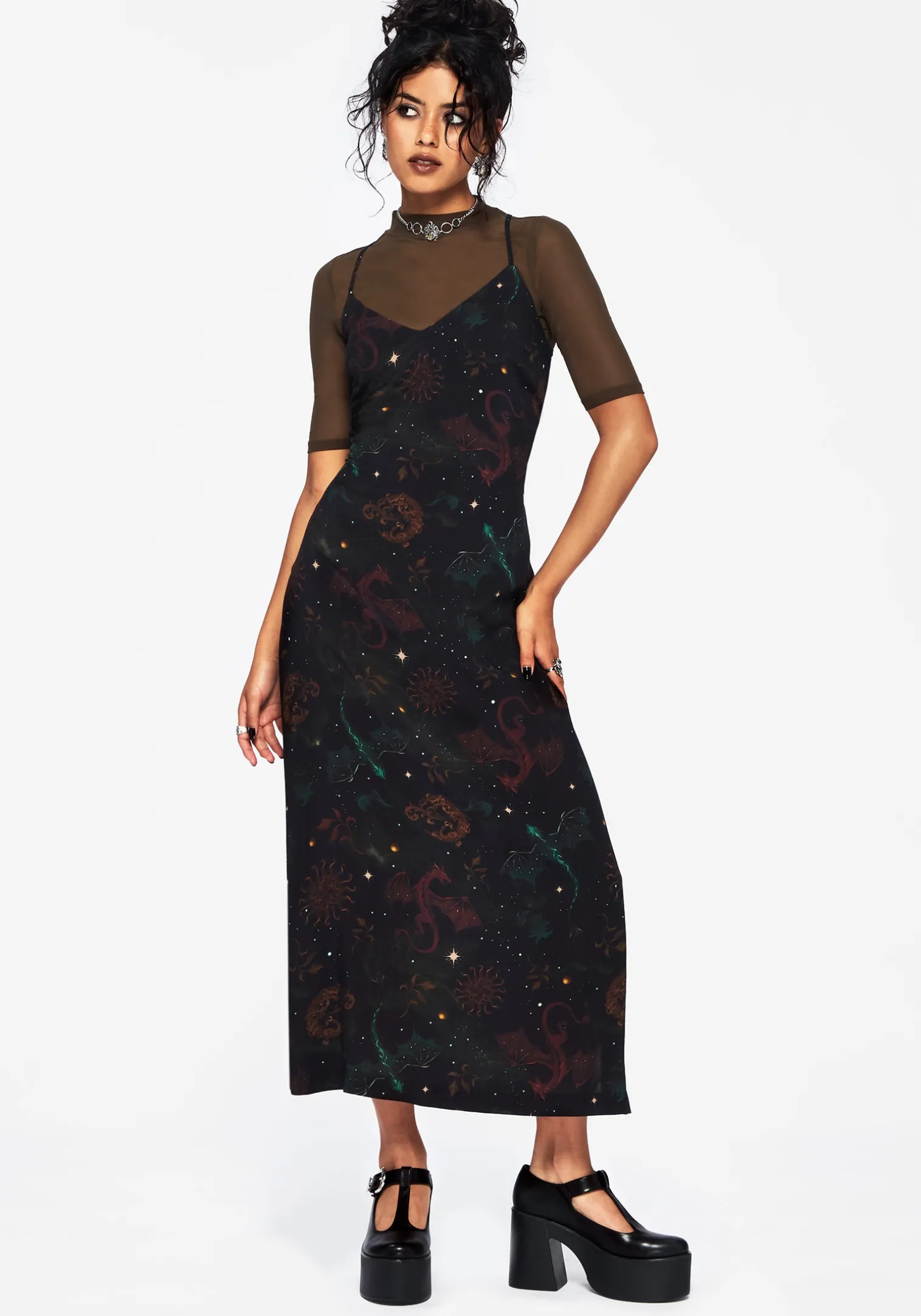 Phoenix Dragon Printed Cami Midi Dress