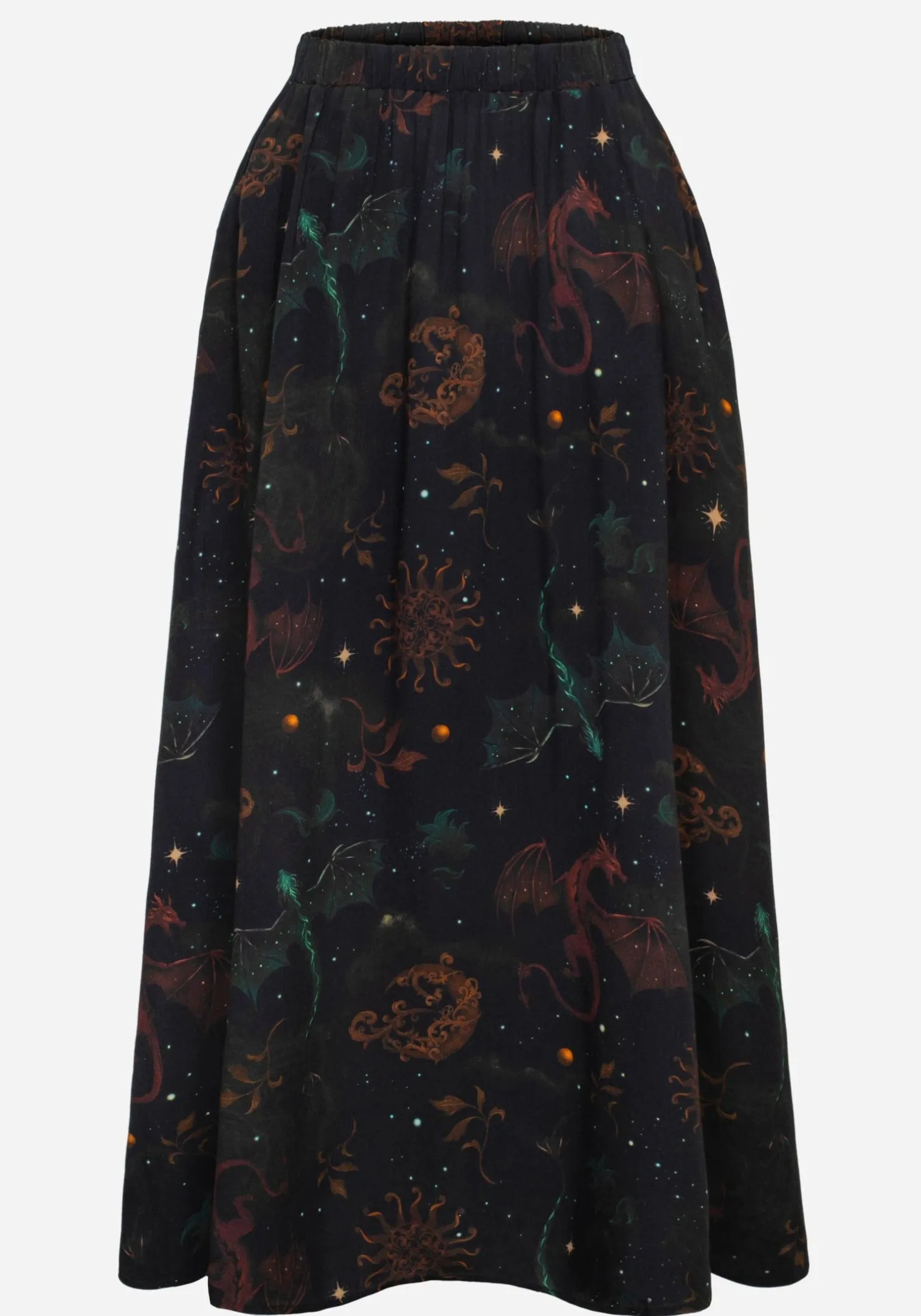 Phoenix Dragon Printed Pleated Midi Skirt