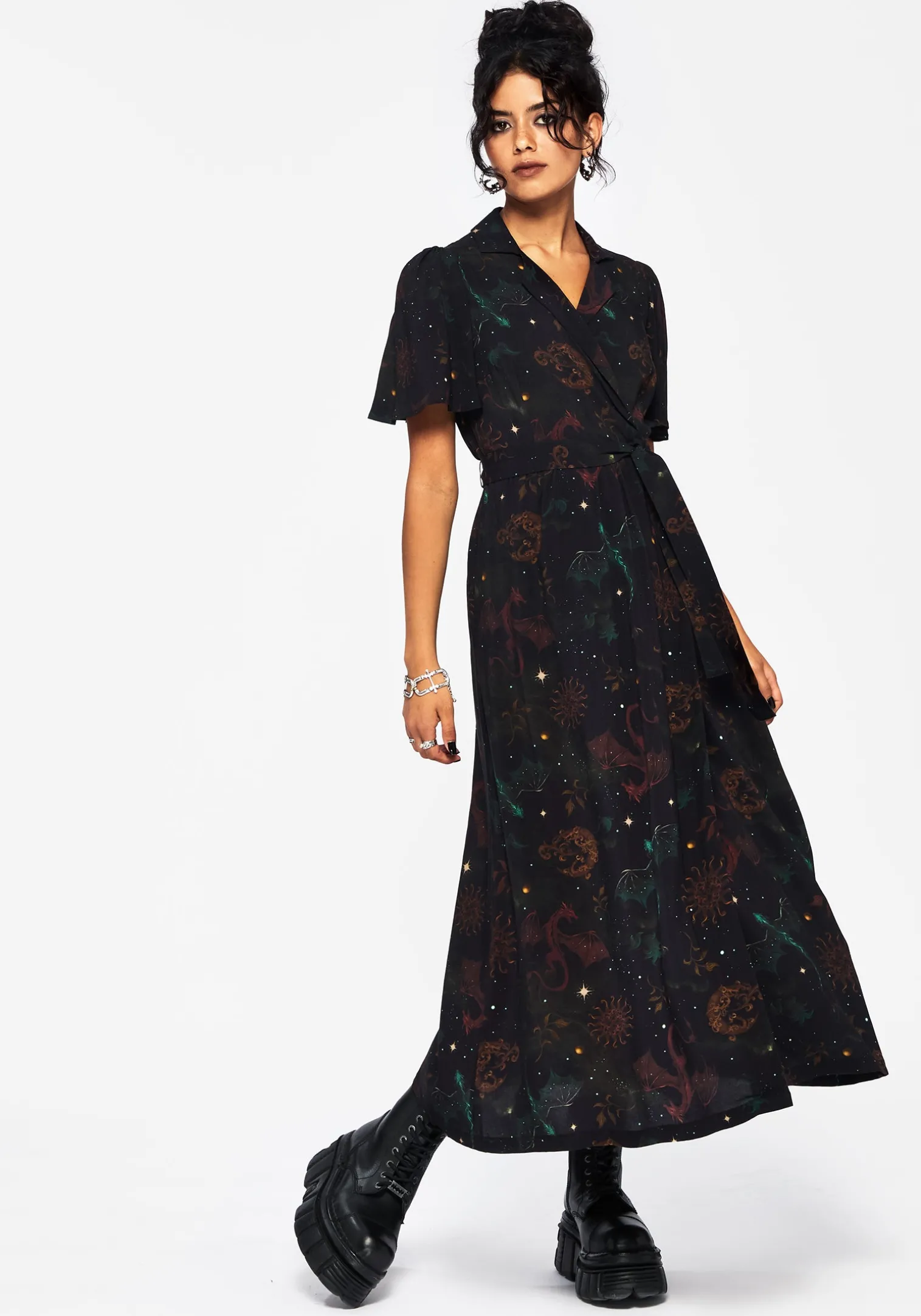 Phoenix Dragon Printed Wrap Midaxi Shirt Dress
