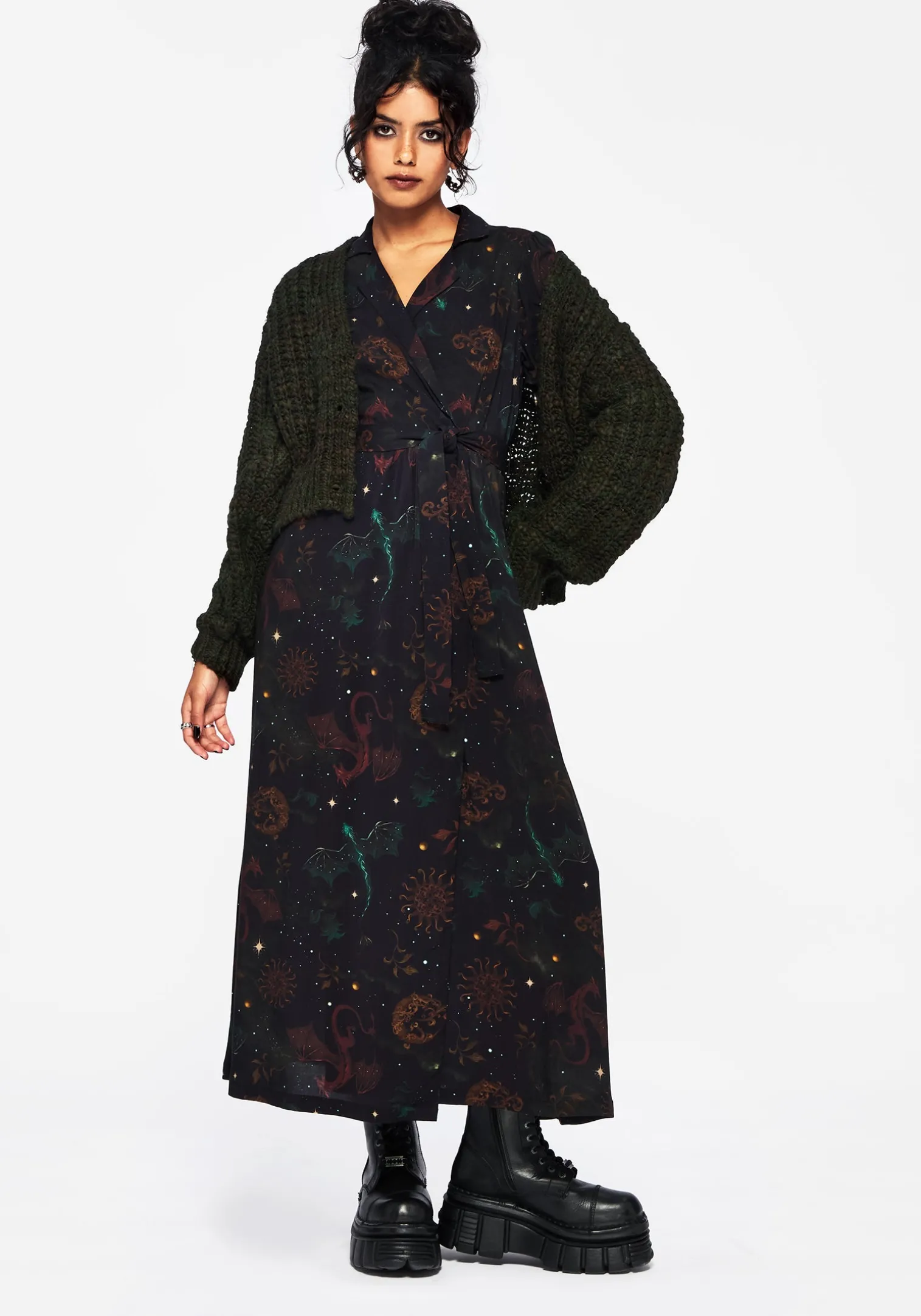 Phoenix Dragon Printed Wrap Midaxi Shirt Dress