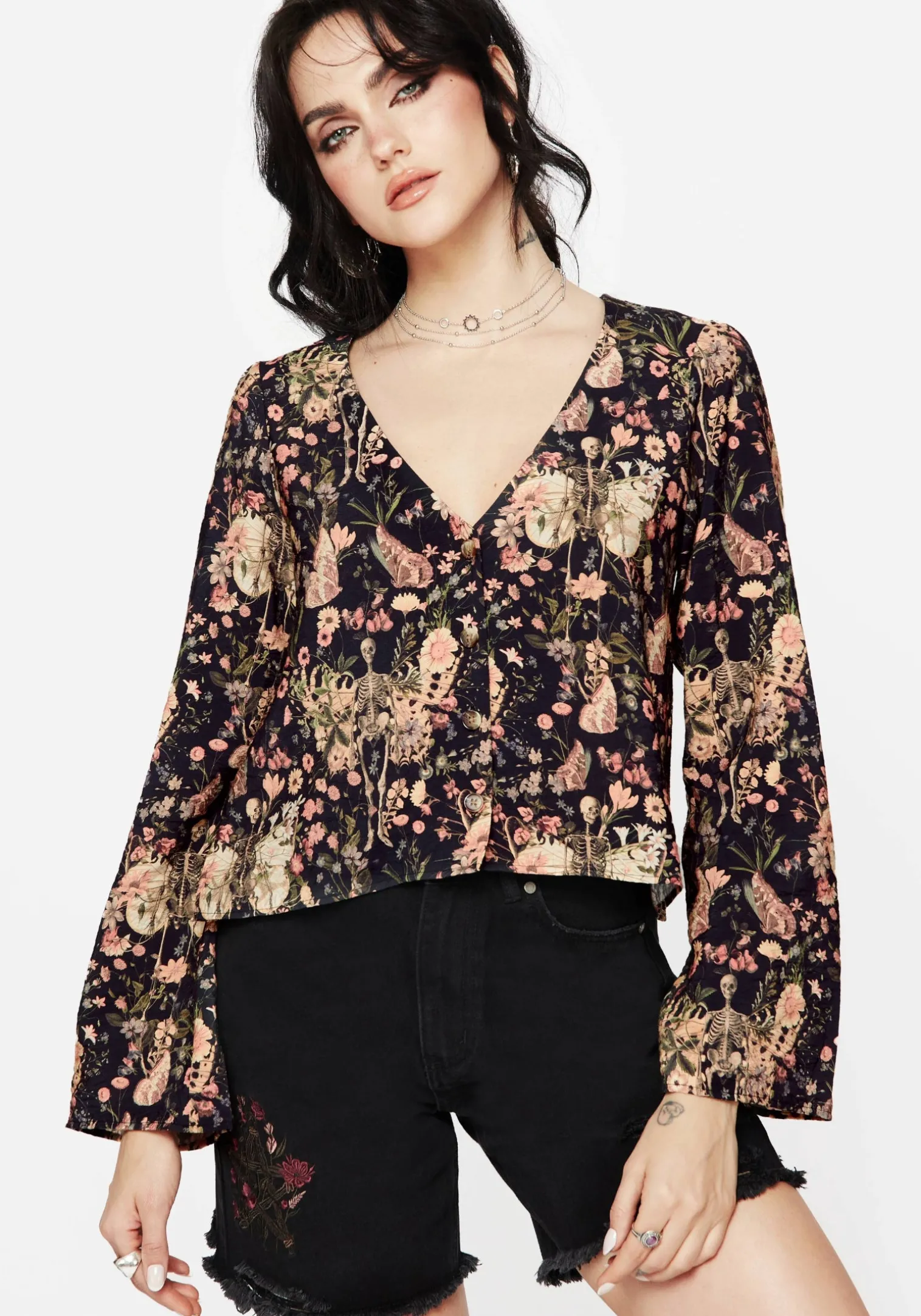 Pixie Floral Print Button Up Blouse Top