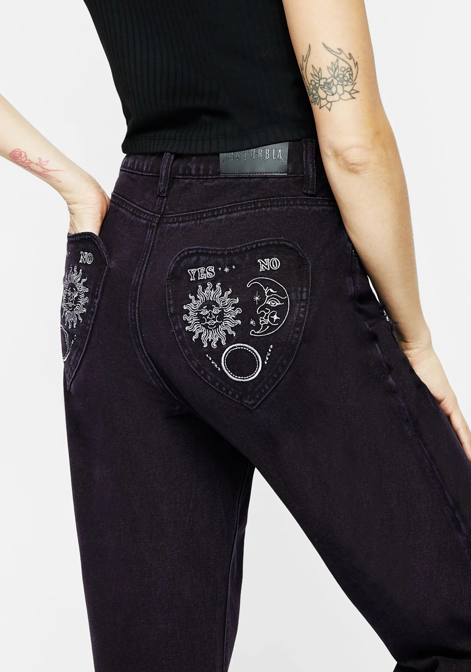 Planchette Embroidered Distressed Denim Mom Jeans
