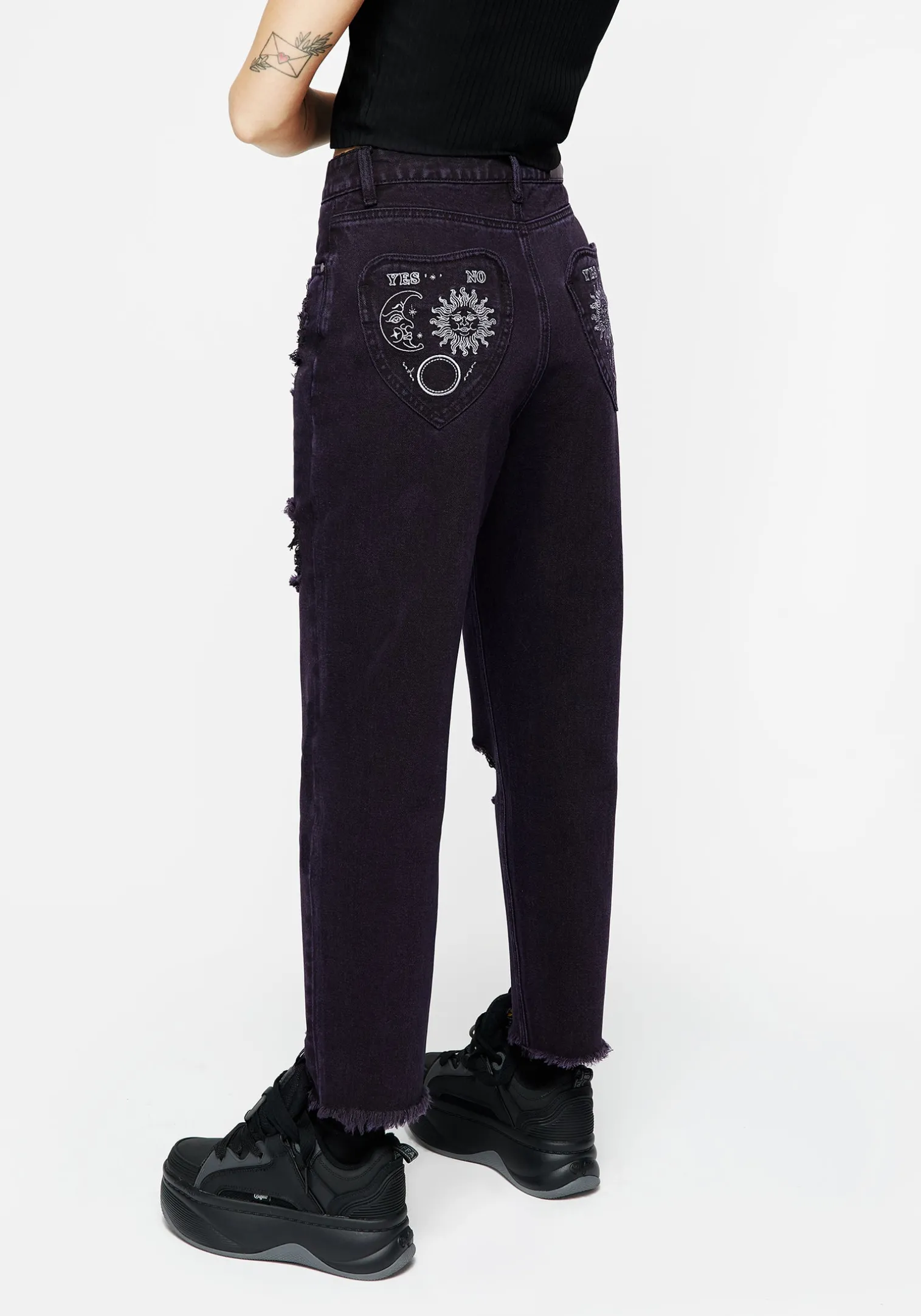 Planchette Embroidered Distressed Denim Mom Jeans