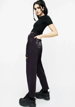 Planchette Embroidered Distressed Denim Mom Jeans