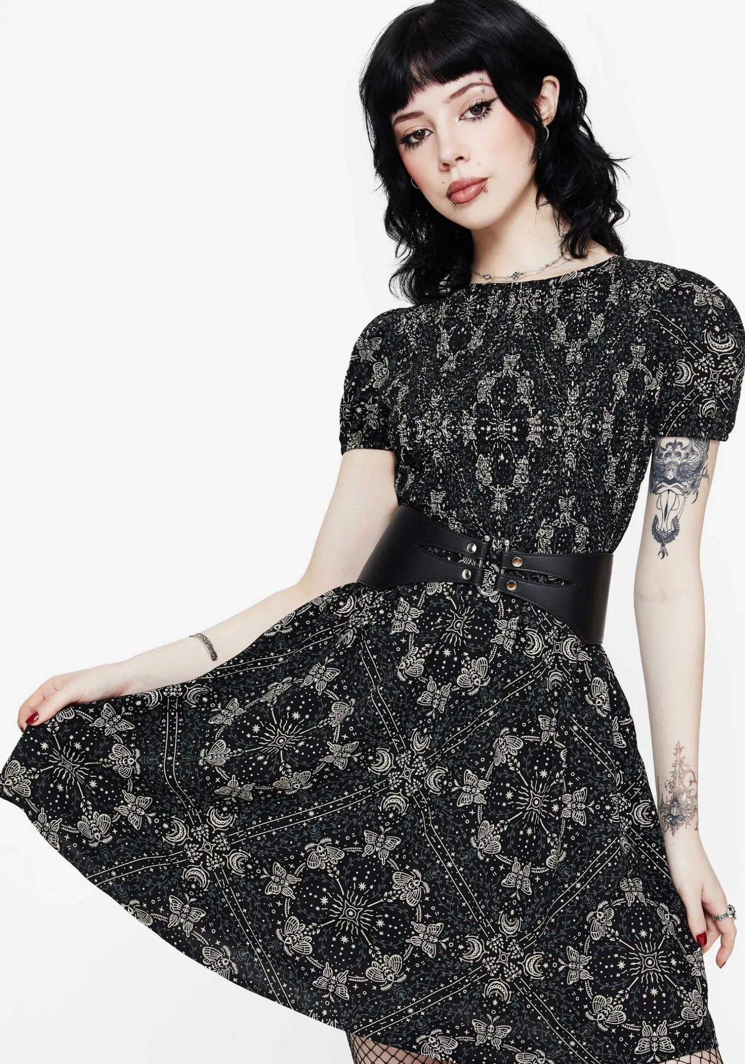 Poem Moth Printed Puff Sleeve Mini Dress