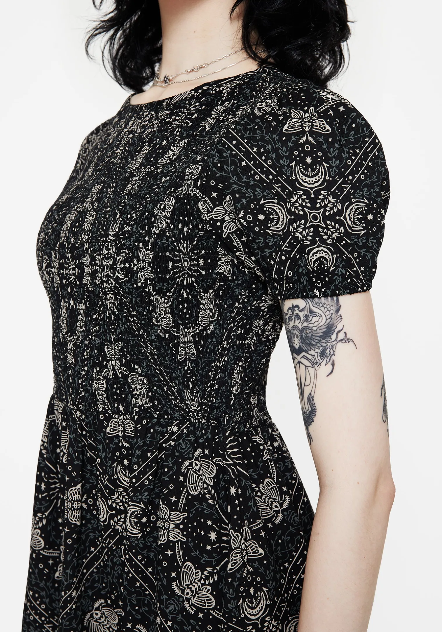 Poem Moth Printed Puff Sleeve Mini Dress