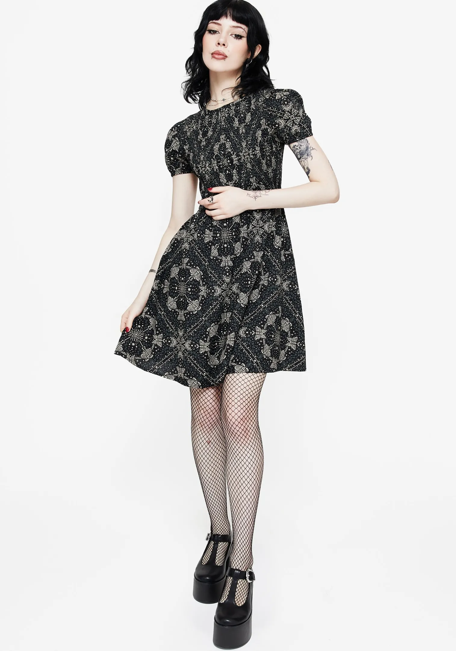 Poem Moth Printed Puff Sleeve Mini Dress