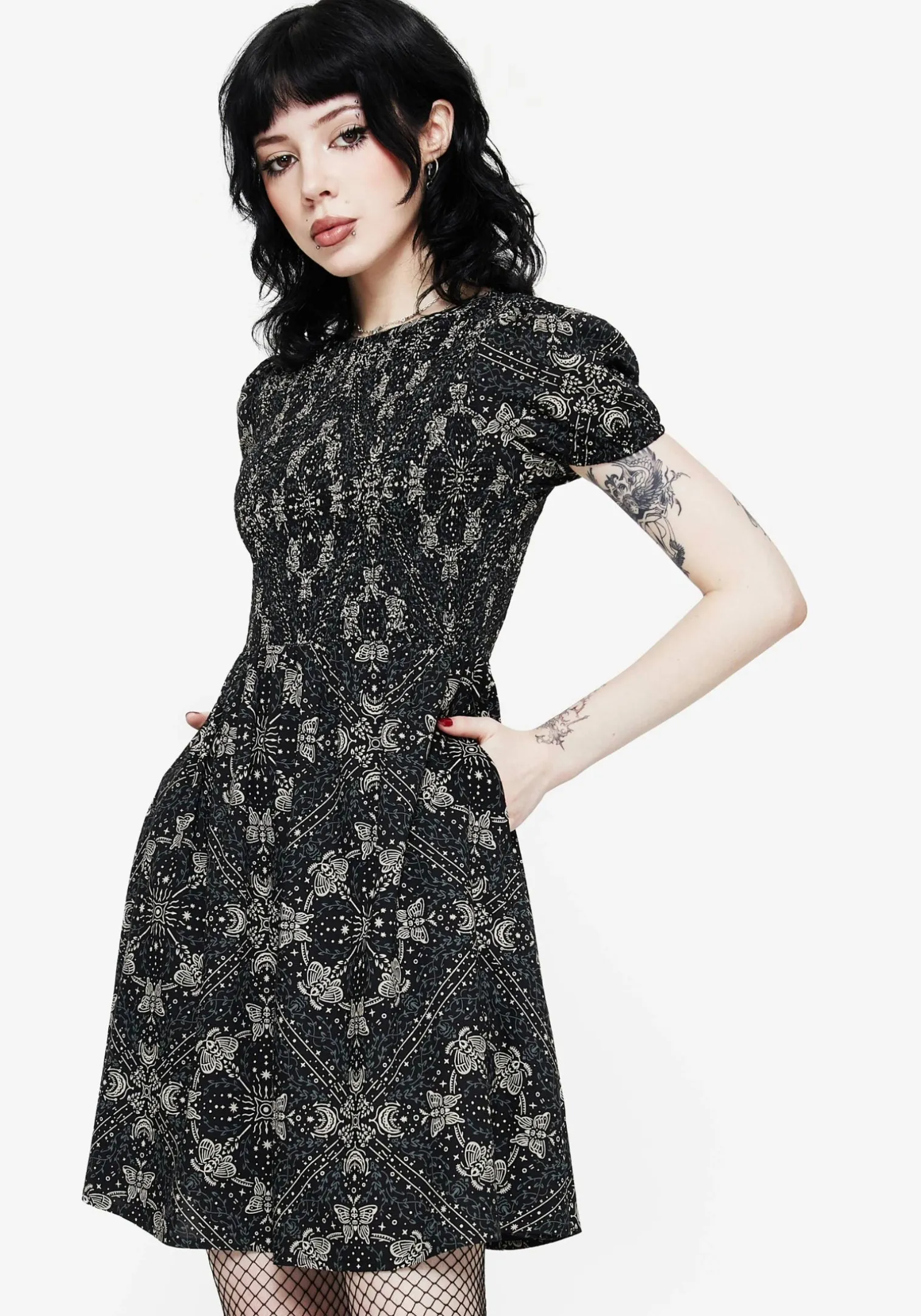 Poem Moth Printed Puff Sleeve Mini Dress