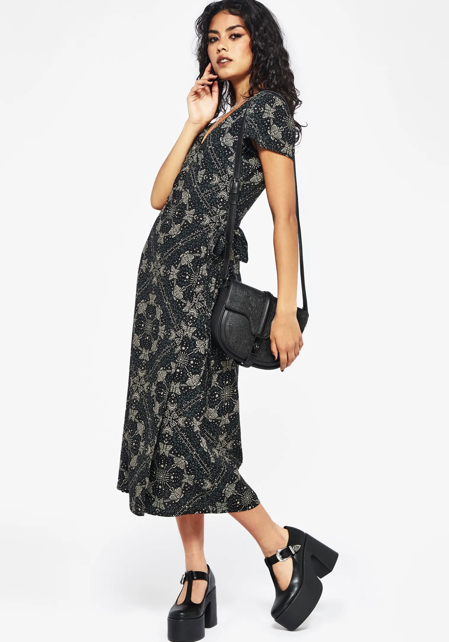 Poem Moth Printed Wrap Midi Dress