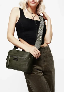 Portent Debossed Zip Front Crossbody Bag