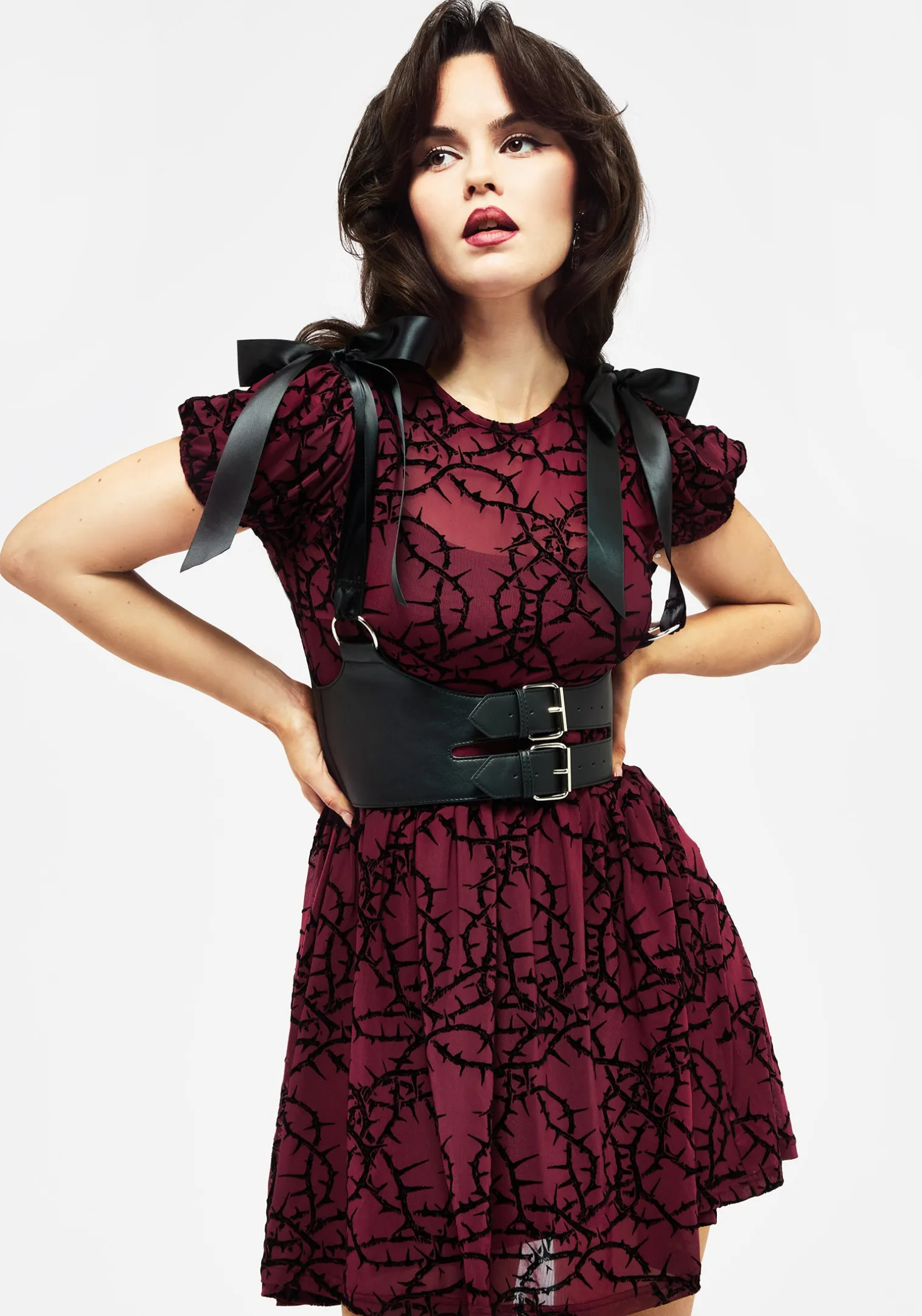 Prickle Thorn Print Mesh Puff Sleeve Mini Dress