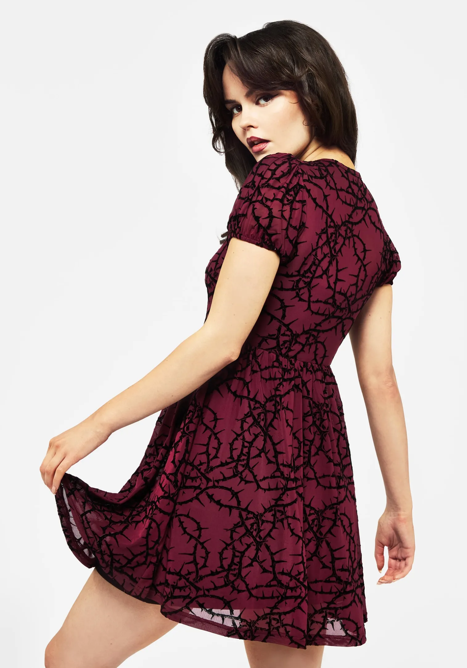 Prickle Thorn Print Mesh Puff Sleeve Mini Dress