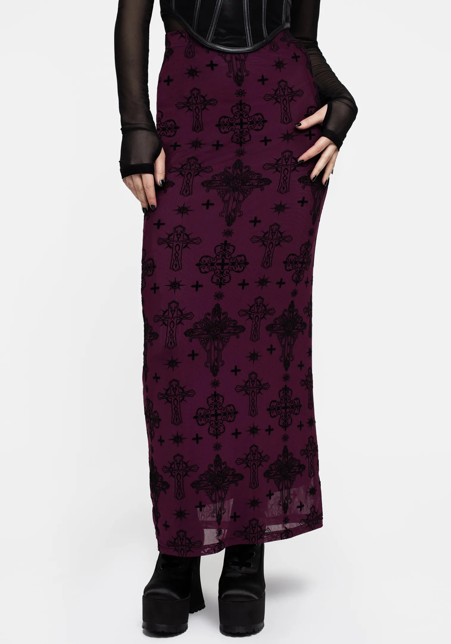 Priestess Flocked Mesh Maxi Skirt - Purple