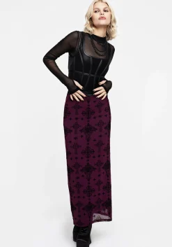 Priestess Flocked Mesh Maxi Skirt - Purple