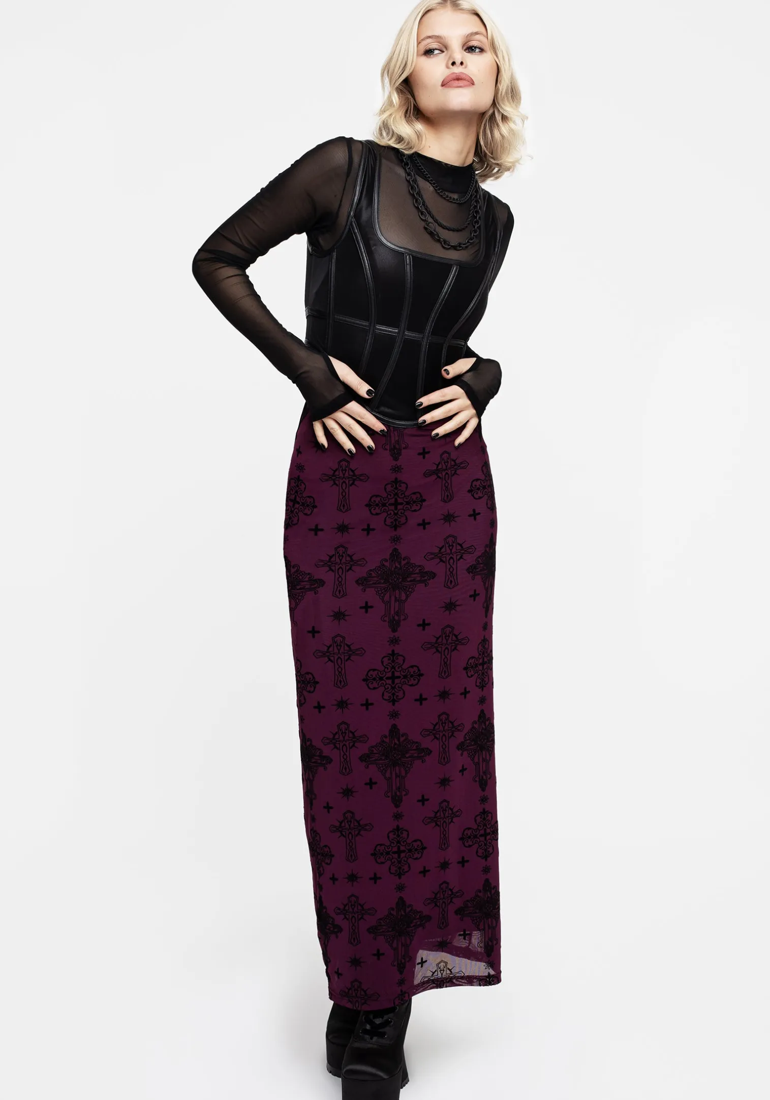 Priestess Flocked Mesh Maxi Skirt - Purple