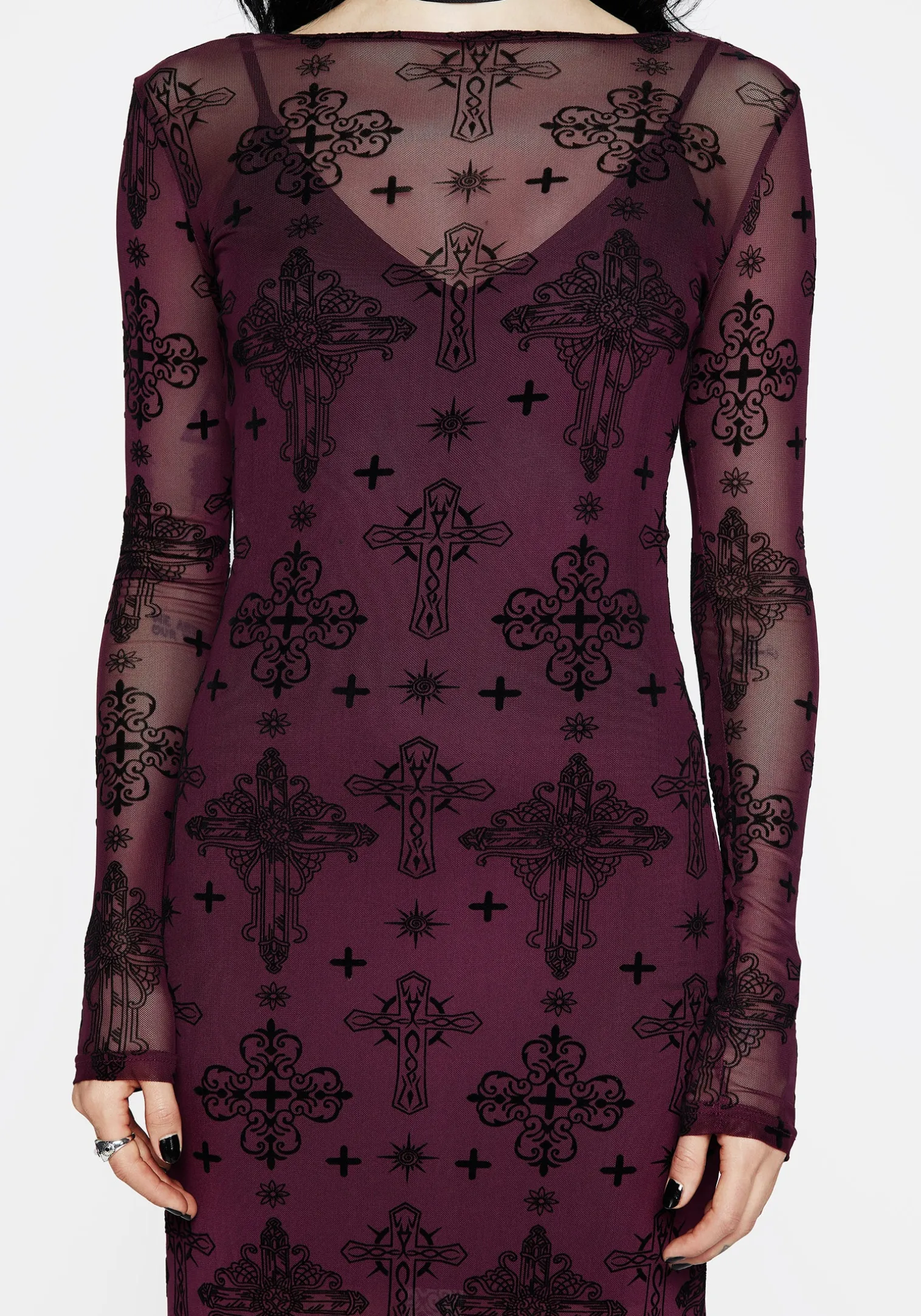 Priestess Flocked Mesh Maxi Dress - Purple