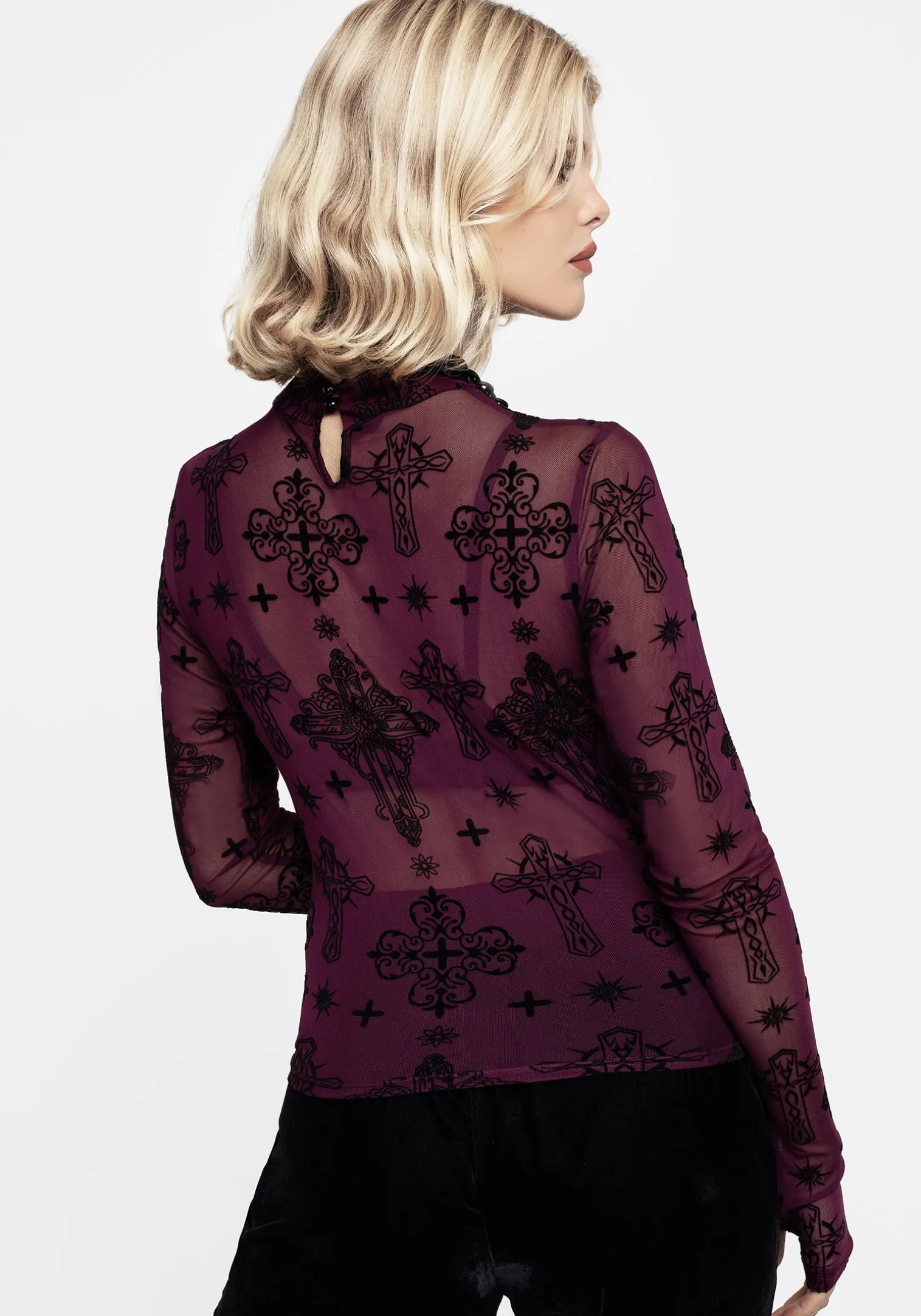 Priestess Flocked Mesh Top - Purple