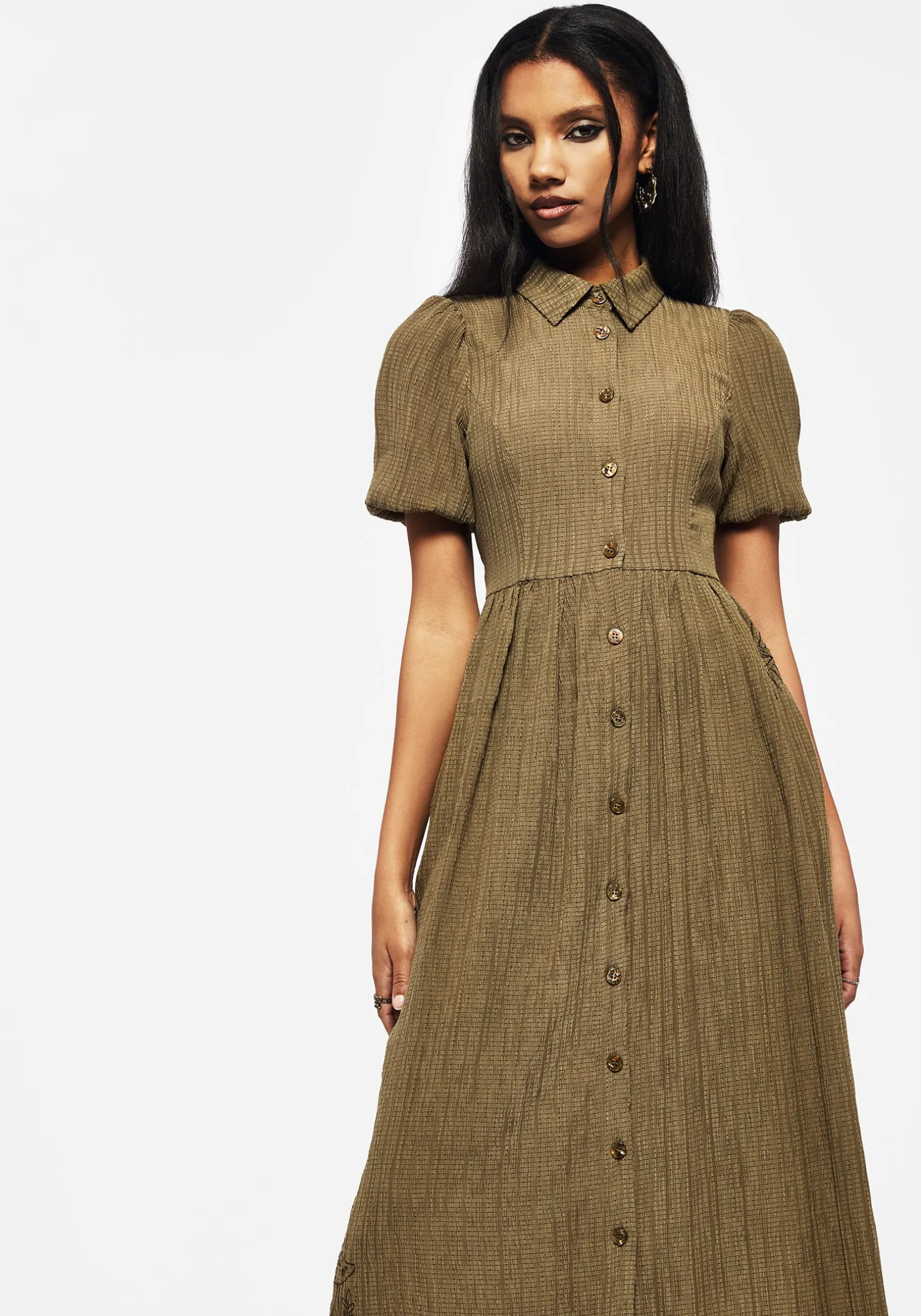Ramaria Embroidered Puff Sleeve Button Up Midaxi Shirt Dress