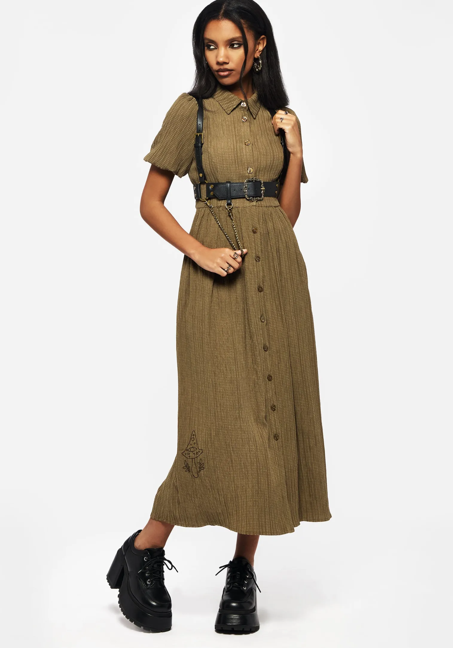 Ramaria Embroidered Puff Sleeve Button Up Midaxi Shirt Dress