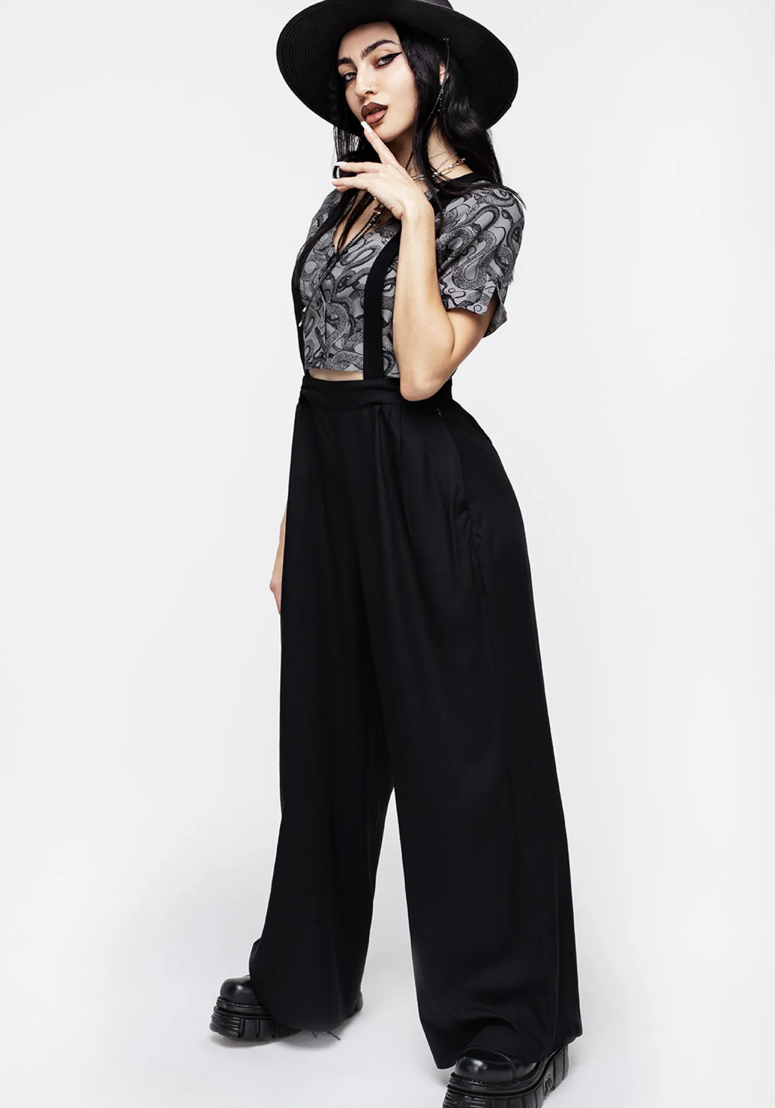 Realm Wide Leg Suspender Trouser - Midnight Black