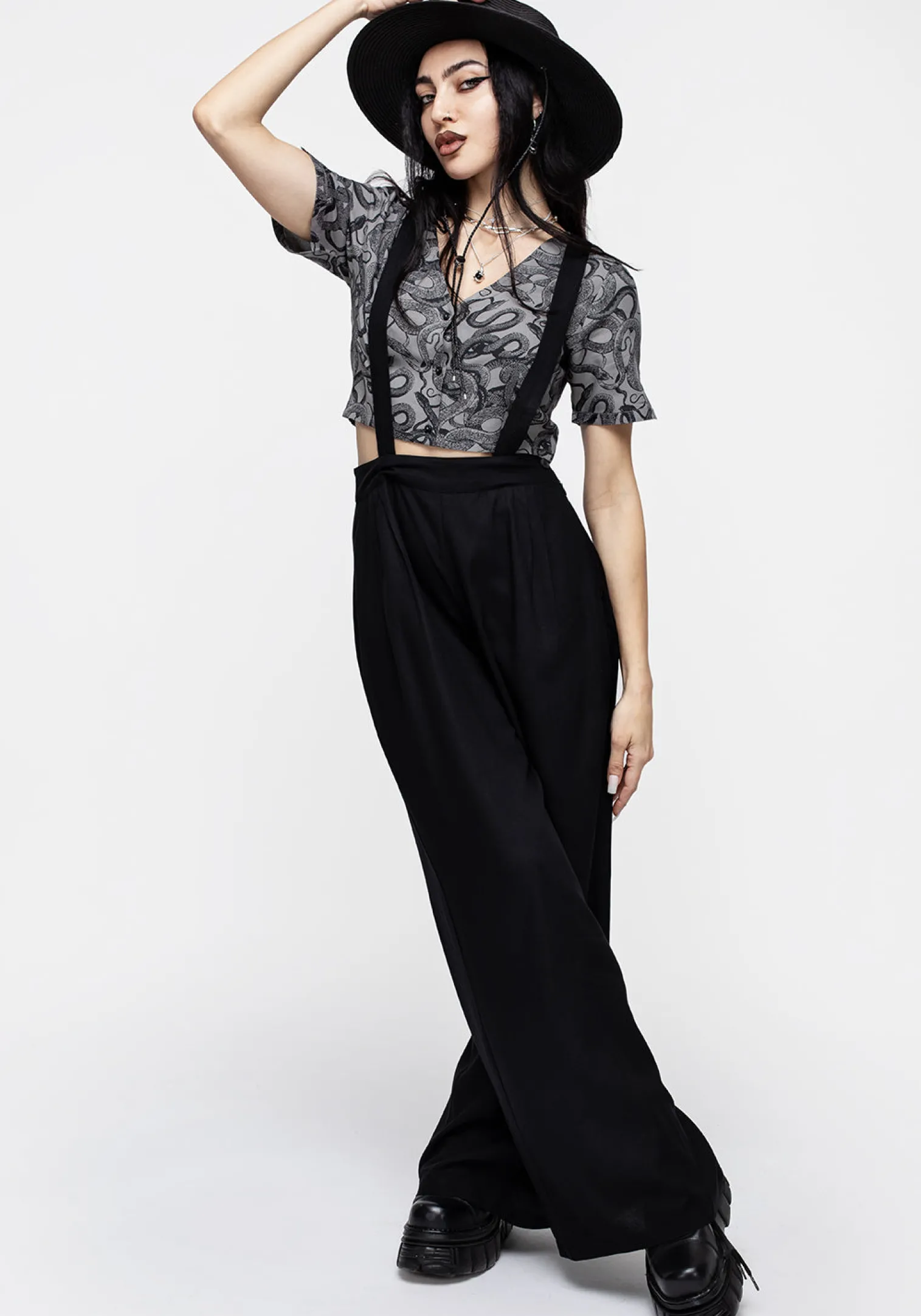 Realm Wide Leg Suspender Trouser - Midnight Black