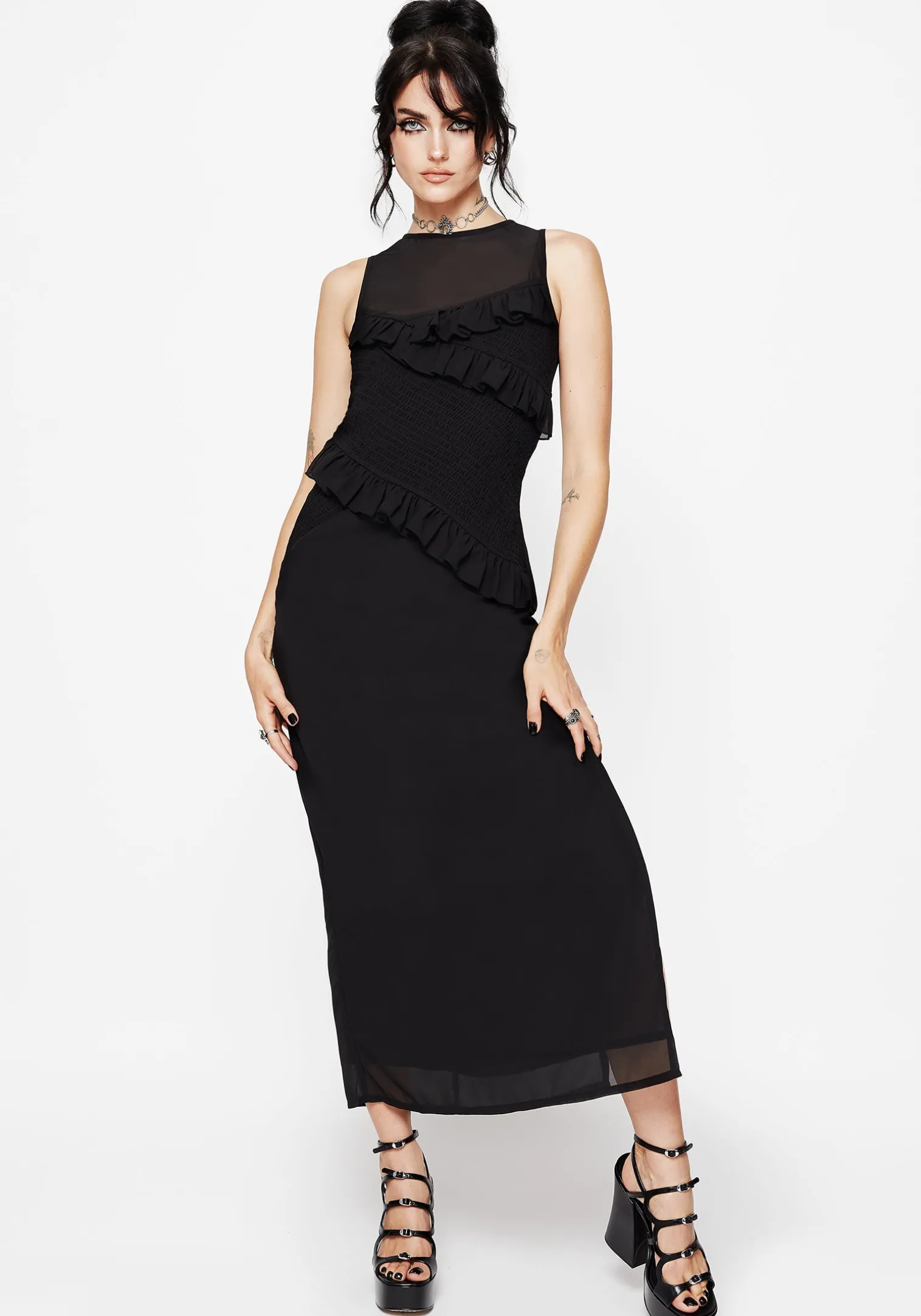 Reflections Black Frill Detail Sleeveless Maxi Dress