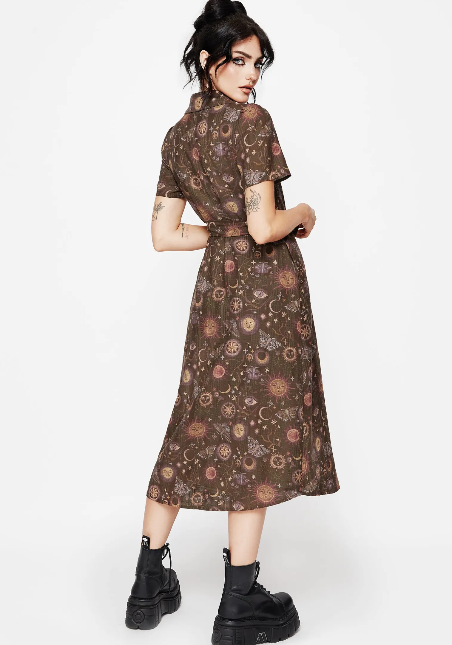 Rhea Cotton Blend Moth and Moon Print Midi Shirt Dress