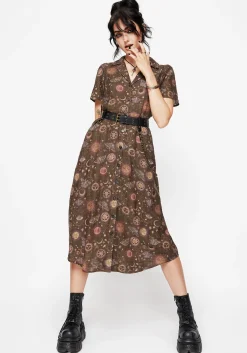 Rhea Cotton Blend Moth and Moon Print Midi Shirt Dress